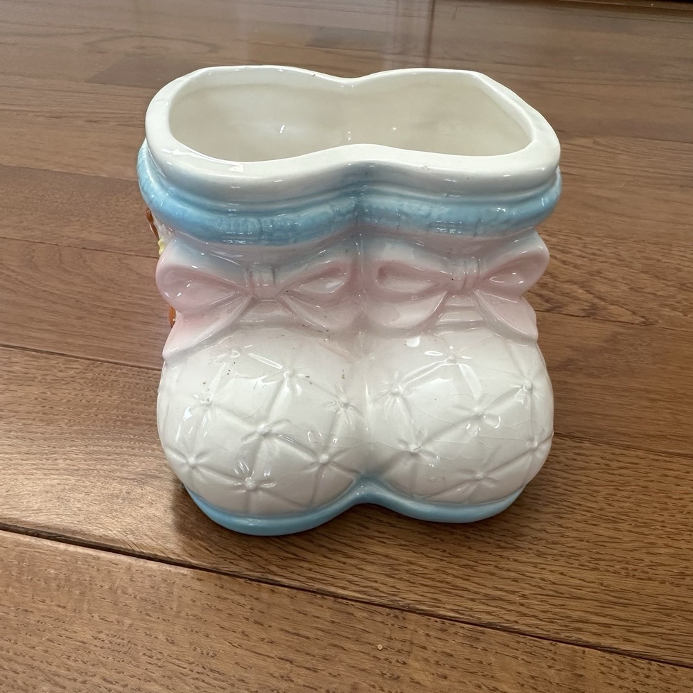 Vintage Ceramic Planter Vase White Blue Pink Baby Shoes Booties Bear Baby Shower